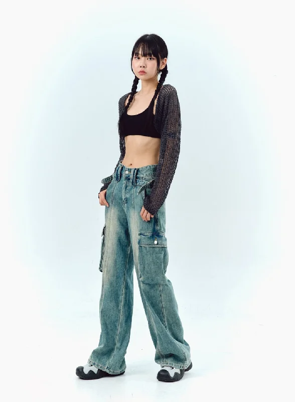 Wide Leg Cargo Jeans in Washed Blue IG311 Street