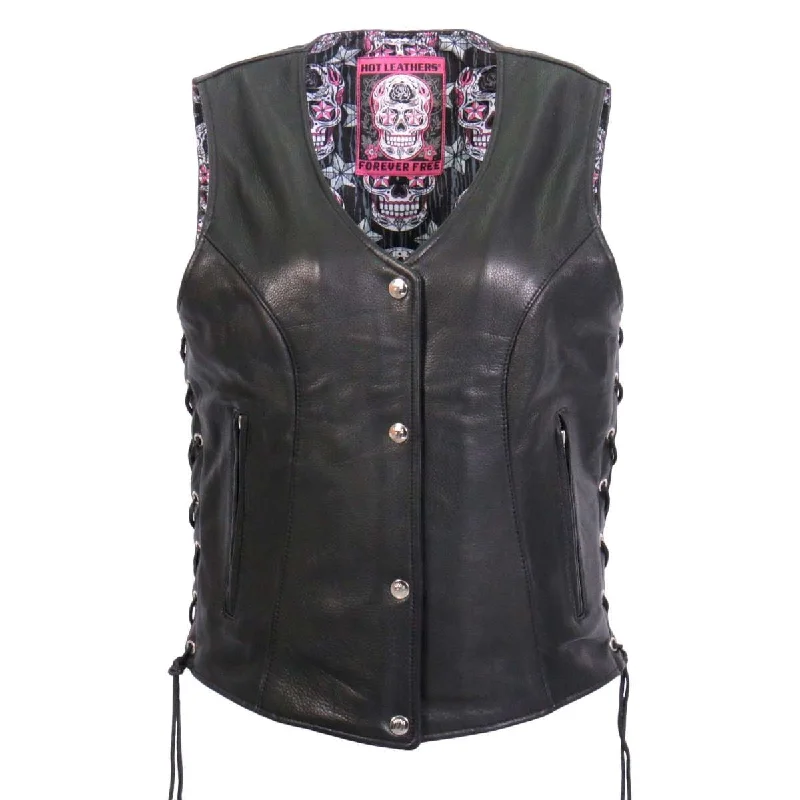 Hot Leathers VSL1017 Ladies 'Sugar Skull' Lined Black Leather MC Vest Casual Women's Loose - fitting Hot Leathers VSL1017 Ladies 'Sugar Skull' Lined Black Leather MC Vest Casual Women's Loose - fitting