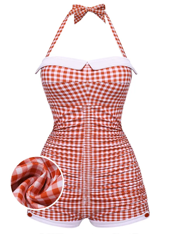 [Plus Size] Gingham 1950s Halter Bowknot One-piece Swimsuit performance