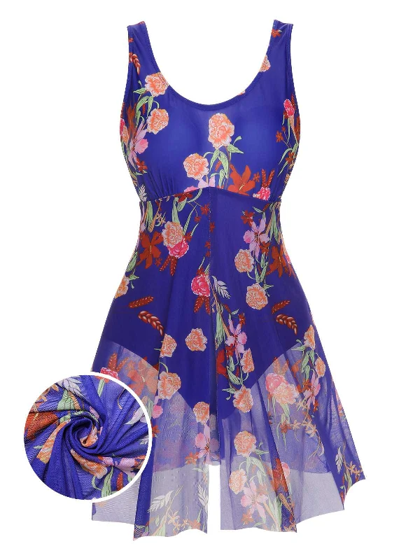 [Plus Size] 1940s Strap Print One-Piece Skirt Swimsuit Traditional Women's Wool