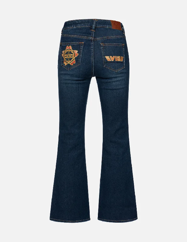 Brocade Kamon and Logo Boot Cut Jeans Artistic Women's Hand - painted