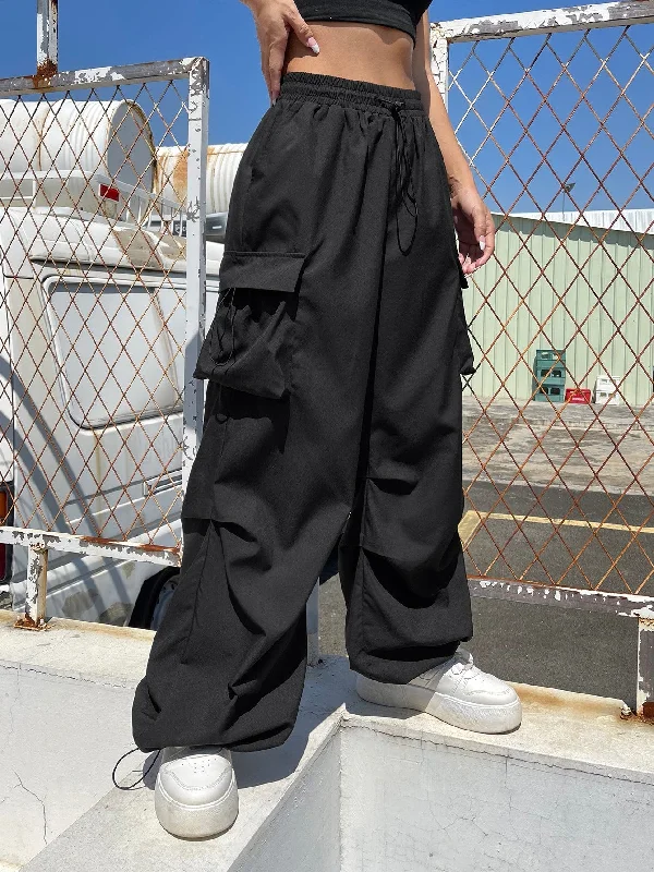 Drawstring Waist Flap Parachute Cargo Trousers Bold Women's Animal Print