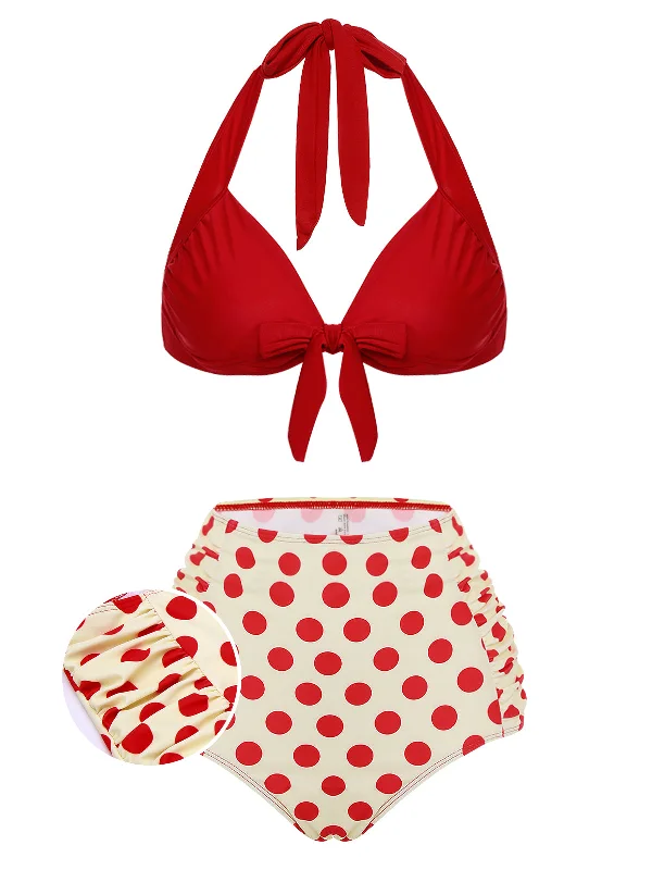 Red 1950s Polka Dots Halter Bikini Set European