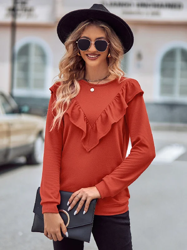 Ruffled Round Neck Long Sleeve Top Unique Women's Upcycled