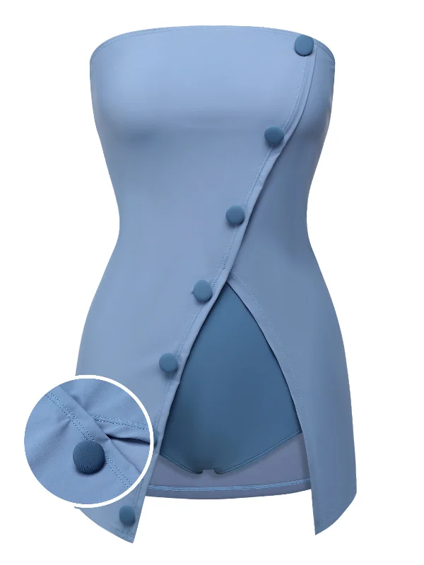 Blue 1930s Solid Buttoned Bandeau Swimsuit Dynamic Women's High - energy
