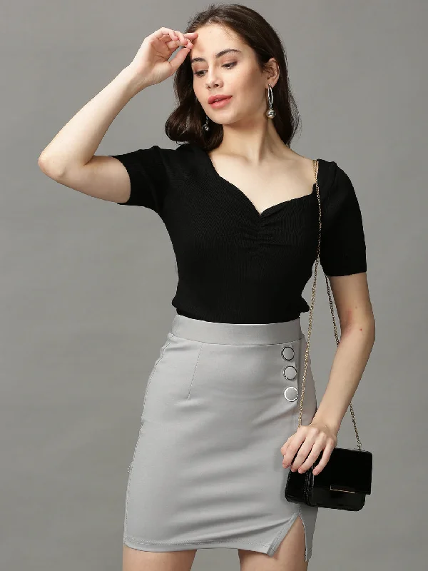 Women's Grey Solid Pencil Skirt Bold Women's Animal Print