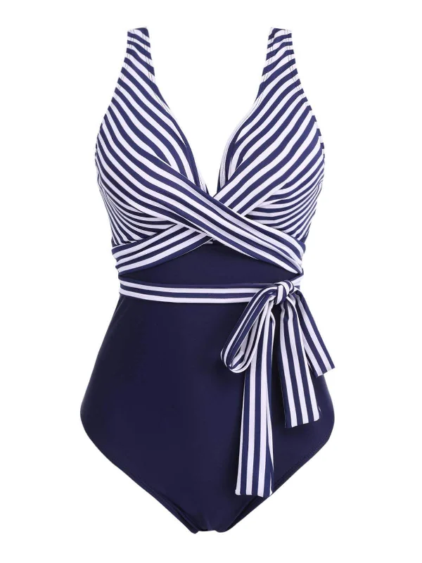 [Plus Size] 1950s Stripe Lace Up Patchwork One-Piece Swimsuit Cashmere