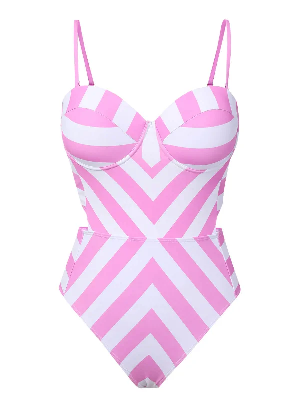 Pink 1940s Striped Bandeau One-Piece Swimsuit Modern Women's 