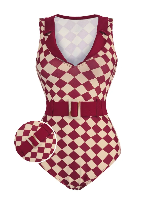 1930s Burgundy Diamond Lapel One-Piece Swimsuit Tough Women's Military - inspired