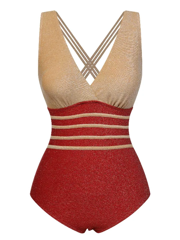 Red 1950s Stripe Patchwork One-Piece Swimsuit Geometric