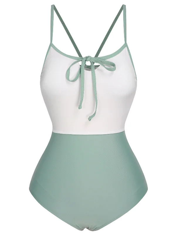 1950s Color Contrast BowKnot Strap Swimsuit Modern Women's 