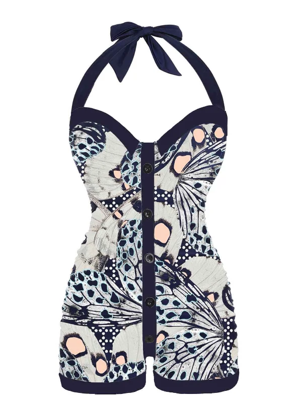 1950s Navy Blue Butterfly Halter Swimsuit Contemporary 