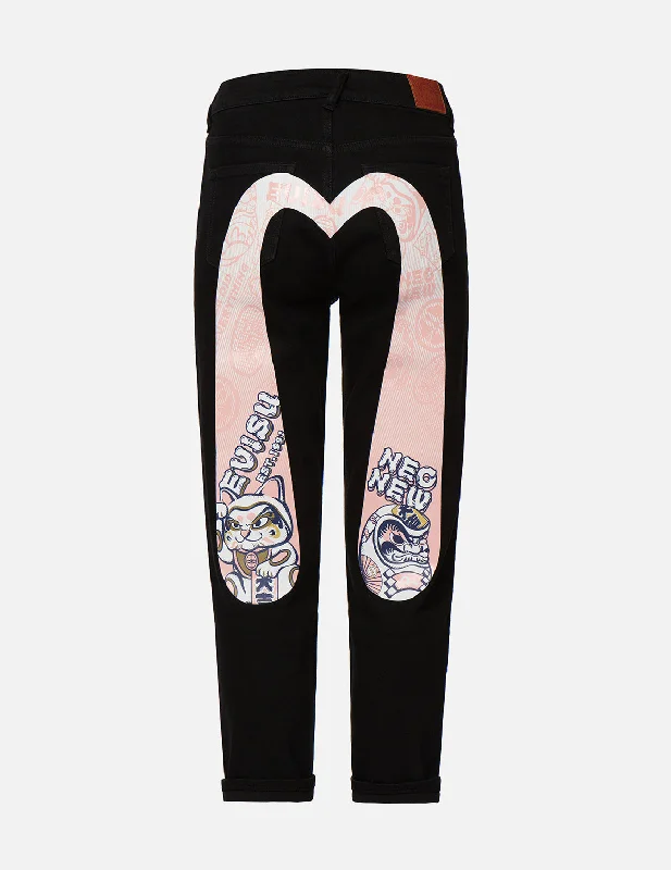 Fortune Cat and Daruma Daicock Print Relax Fit Jeans Stylish Women's Neon