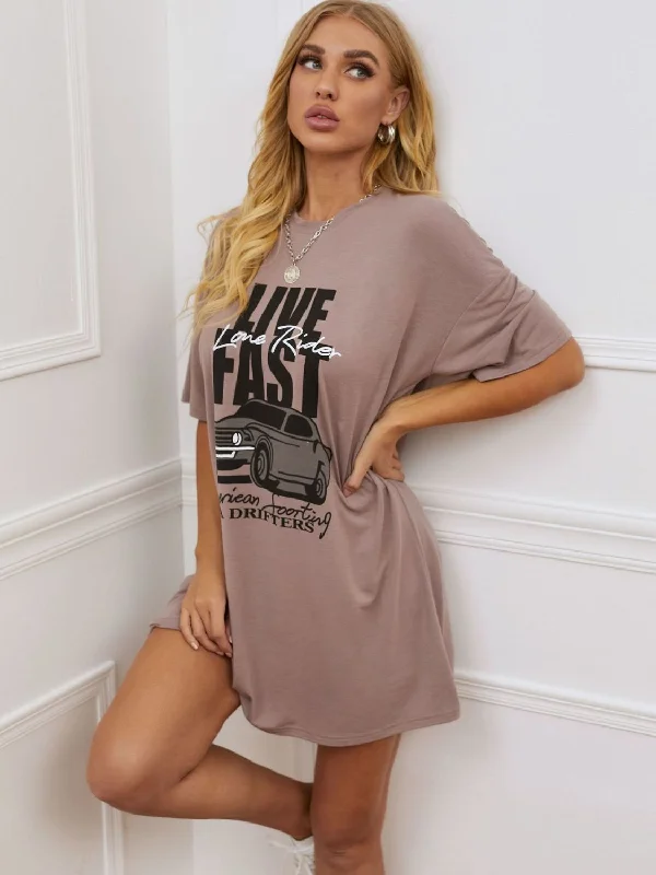 Printed Round Neck Half Sleeve T-Shirt Dress Laid - back Women's Vibe