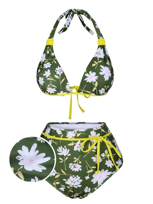 Dark Green 1940s Halter Bow Floral Swimsuit Sleek Women's 