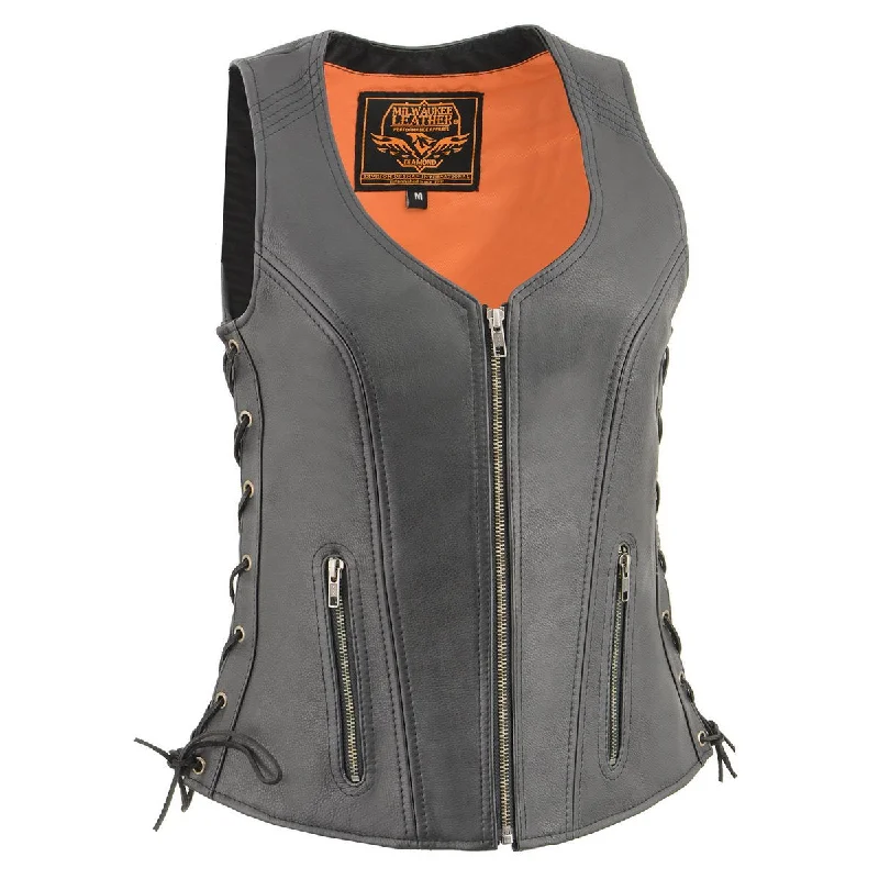 Milwaukee Leather MLL4532 Women's Black Cool-Tec Leather Open Neck Motorcycle Rider Vest w/ Side Lace Classic Women's Pin - striped Milwaukee Leather MLL4532 Women's Black Cool-Tec Leather Open Neck Motorcycle Rider Vest w/ Side Lace Classic Women's Pin - striped