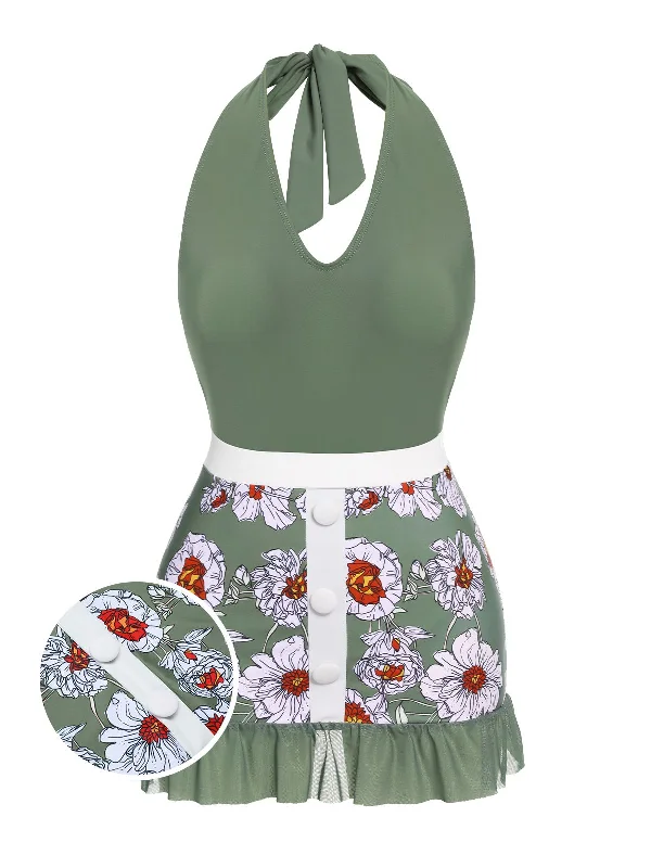 Green 1940s Floral Halter One-Piece Swimsuit Classic Women's Tweed
