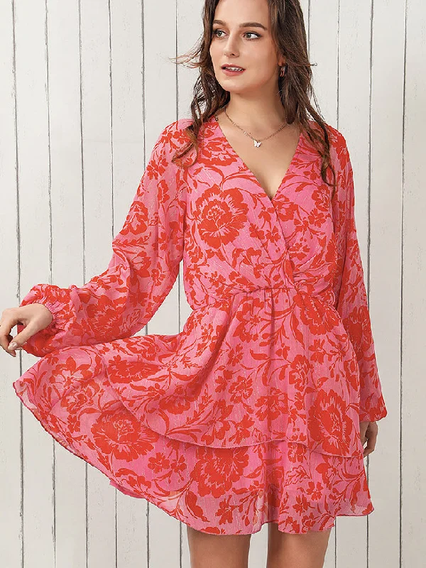 Printed Surplice Neck Mini Dress Bold Women's Statement
