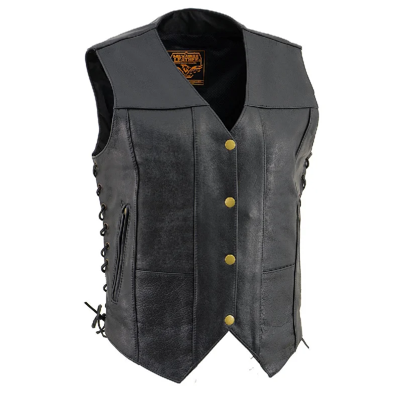 Milwaukee Leather SH1292 Women's Black Leather Side Lace 6 Pocket Motorcycle Rider Vest- Antique Color Snap Closure Australian Beach Milwaukee Leather SH1292 Women's Black Leather Side Lace 6 Pocket Motorcycle Rider Vest- Antique Color Snap Closure Australian Beach