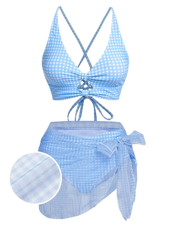 2PCS Blue 1950s Plaids Swimsuit & Mesh Cover-Up Relaxed Women's 