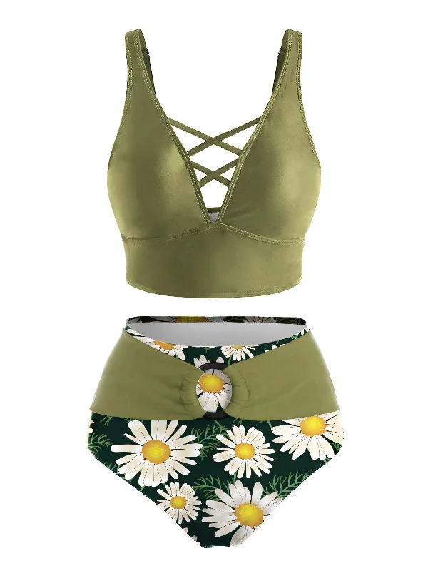 Green 1950s V-Neck Daisy Swimsuit Refined Women's Velvet
