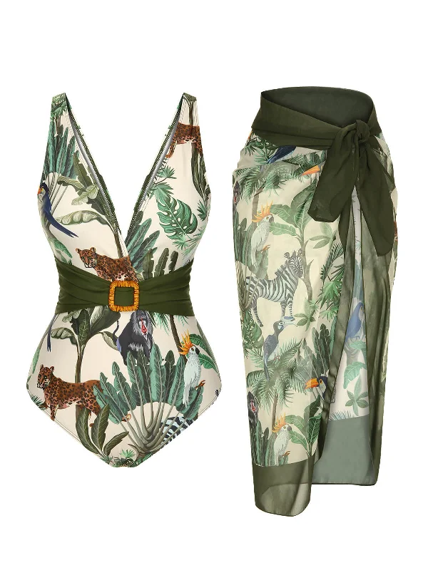 Multicolor 1960s Palm Leaf Swimsuit & Cover-Up French