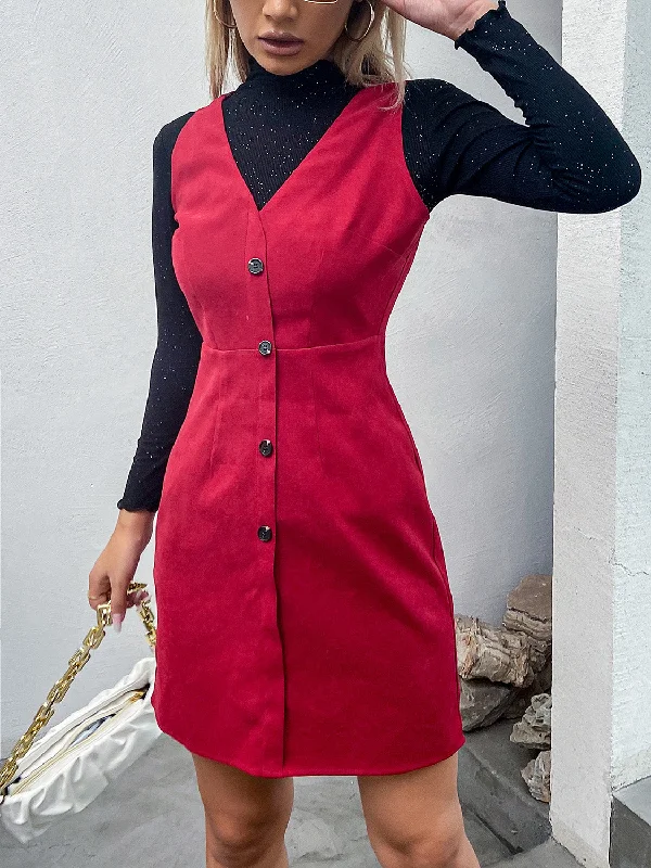 V-Neck Sleeveless Buttoned Dress Edgy Women's Punk