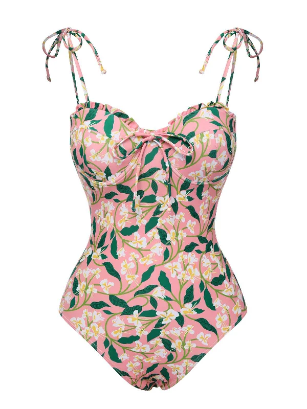 Pink 1950s Spaghetti Strap Plants Print Swimsuit Monochromatic All - in - one