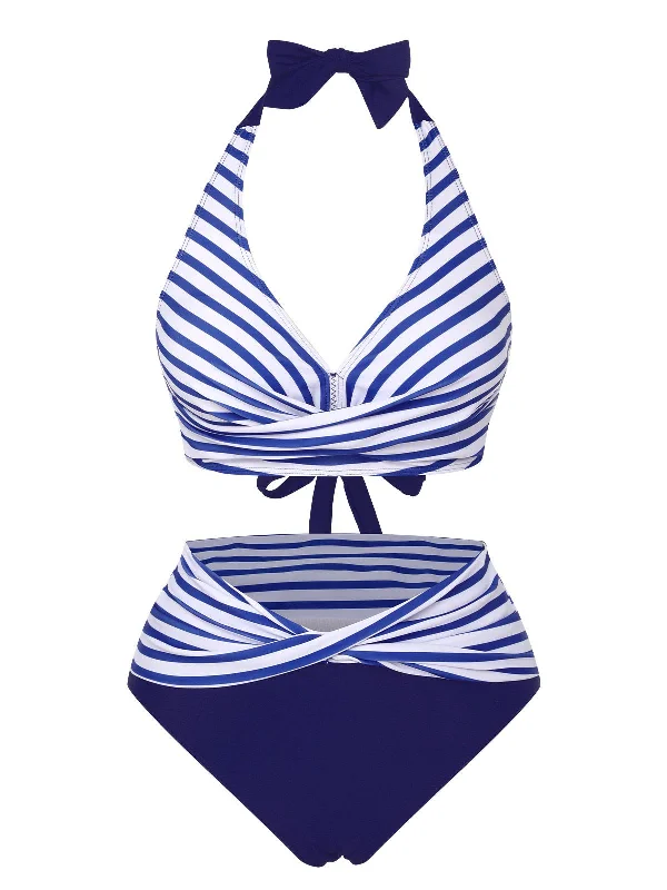 Blue 1940s Striped Contrast Knit Halter Swimsuit Laid - back Women's Vibe