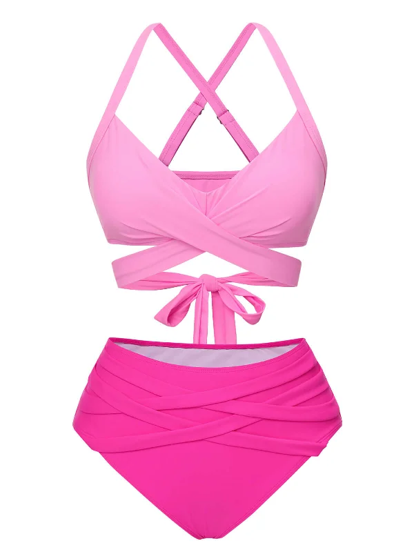Pink 1960s Solid Strap Bandage Bikini Set Refined Women's Hand - crafted