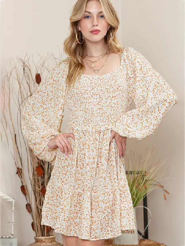 Printed Square Neck Long Sleeve Smocked Dress British Gentlewoman Style