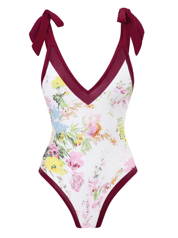 1950s V-Neck Flowers Lacing Swimsuit Dapper Women's 1920S