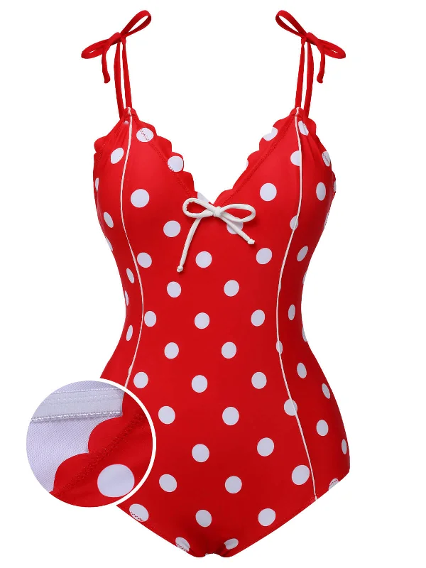 Red 1950s Polka Dot Shoulder Tie Swimsuit Tough Women's Military - inspired