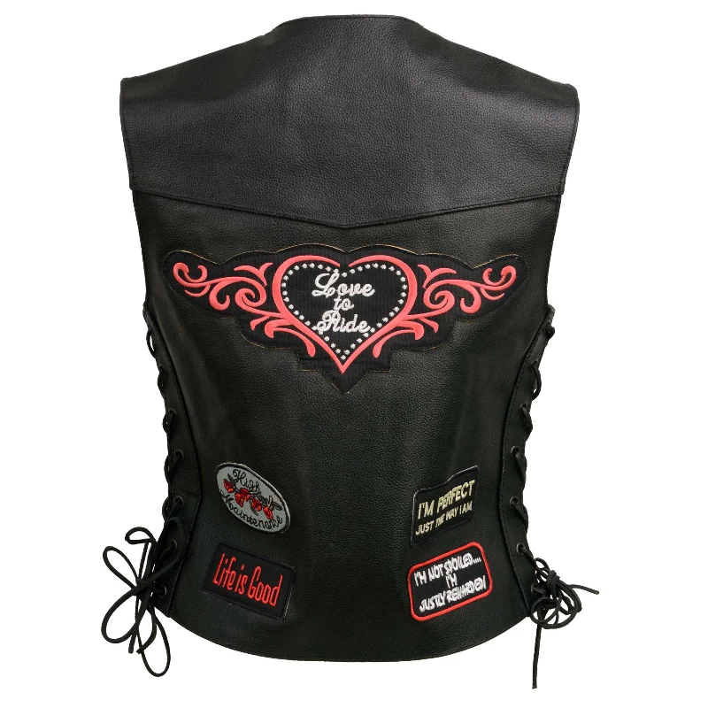 Event Leather ELL4900 Women’s 'Love to Ride' Black Leather Motorcycle Patched Embroidered Vests with Side Laces Dynamic Women's Moto Event Leather ELL4900 Women’s 'Love to Ride' Black Leather Motorcycle Patched Embroidered Vests with Side Laces Dynamic Women's Moto