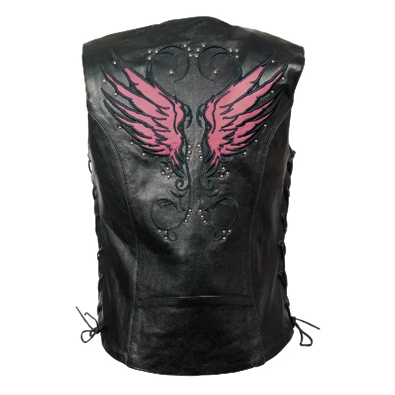 Milwaukee Leather MLL4505 Women's Black Leather Side Lace Motorcycle Rider Vest- Reflective and Studded Pink Wings Modern Women's Milwaukee Leather MLL4505 Women's Black Leather Side Lace Motorcycle Rider Vest- Reflective and Studded Pink Wings Modern Women's