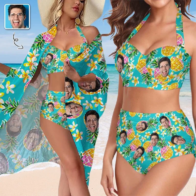 Custom Face Pineapple Women's Bikini Swimsuit Long Short Kimono Chiffon Blouse Set Modern Women's 