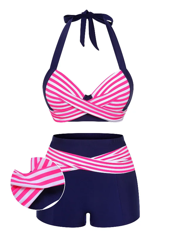 Pink & Blue 1950s Striped Halter Swimsuit Compression