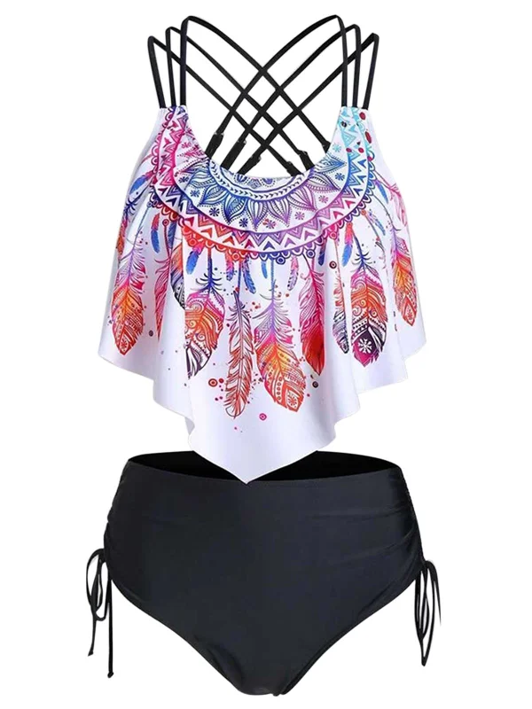 1950s Spaghetti Strap Feather Tankini Set Stylish Women's Neon