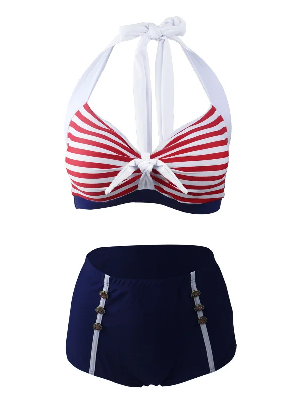 Navy Red 1950s Stripe Halter Bikini European