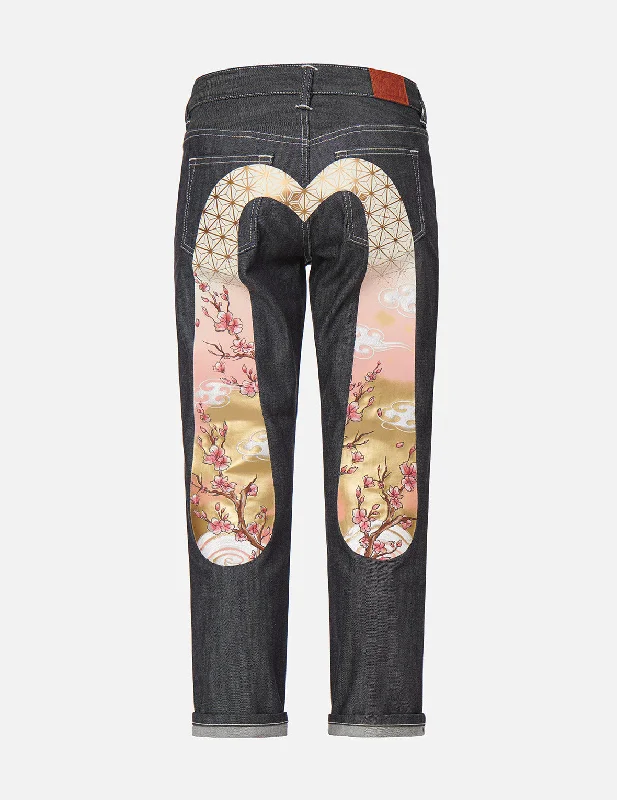 Sakura Embroidery and Brocade Print Daicock Boyfriend Jeans Athletic Women's High - Sakura Embroidery and Brocade Print Daicock Boyfriend Jeans Athletic Women's High -