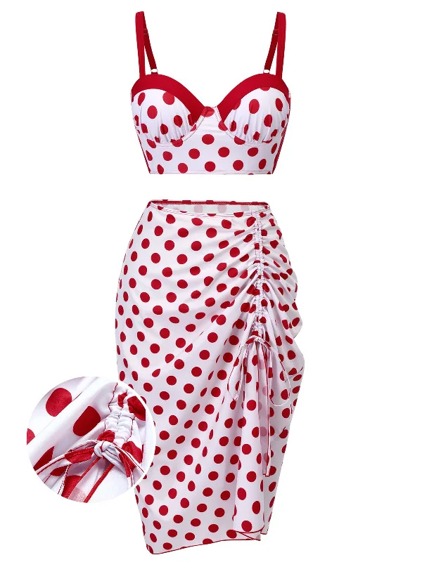 Red 1950s Polka Dot Pleated Swimsuit Relaxed Women's Beachy