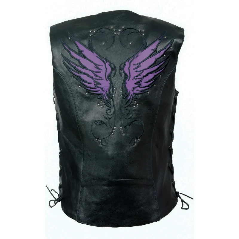 Milwaukee Leather MLL4505 Women's Black Leather Side Lace Motorcycle Rider Vest-Reflective and Studded Purple Wings Minimalist Women's Casual Milwaukee Leather MLL4505 Women's Black Leather Side Lace Motorcycle Rider Vest-Reflective and Studded Purple Wings Minimalist Women's Casual
