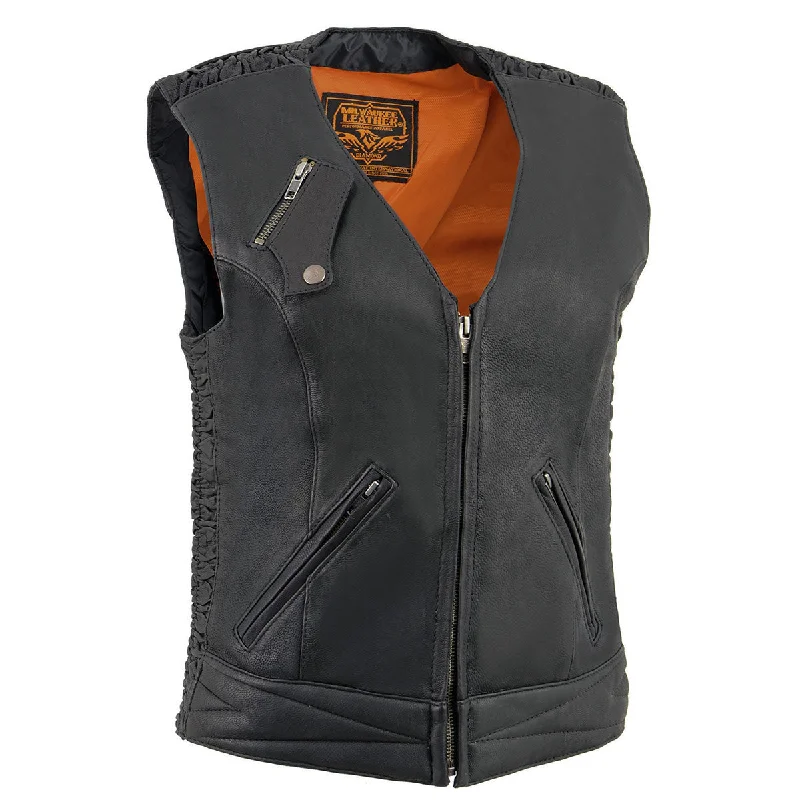 Milwaukee Leather MLL4571 Women's Black Lightweight Motorcycle Leather Vest w/ Crinkled Leather Design Modern Women's Tech Milwaukee Leather MLL4571 Women's Black Lightweight Motorcycle Leather Vest w/ Crinkled Leather Design Modern Women's Tech