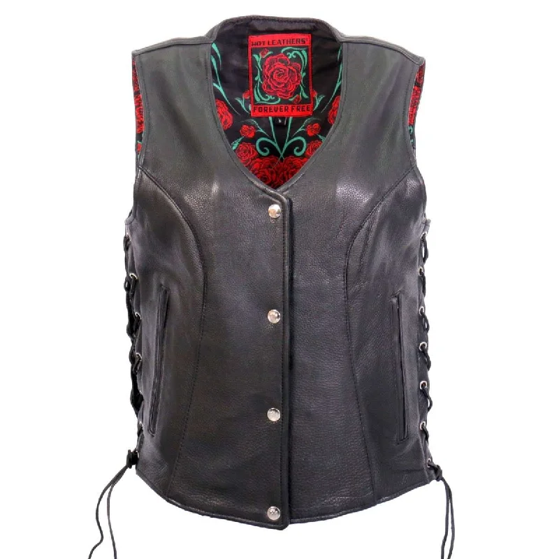 Hot Leathers VSL1019 Ladies 'Red Rose' Lined Black Leather MC Vest Sophisticated Women's Tailored Hot Leathers VSL1019 Ladies 'Red Rose' Lined Black Leather MC Vest Sophisticated Women's Tailored