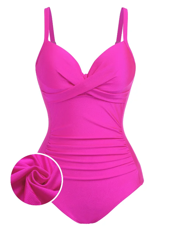 Pink 1960s Solid Spaghetti Strap Swimsuit Relaxed Women's 