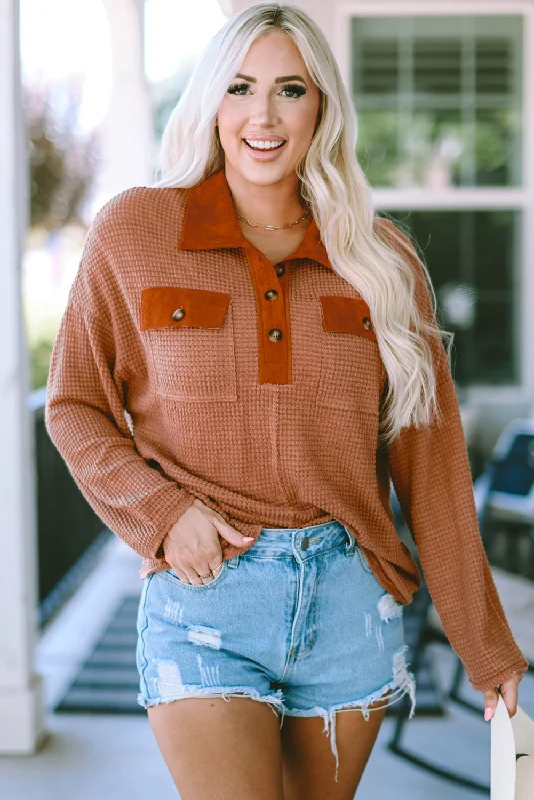 Half-Button Collared Long Sleeve Top Business