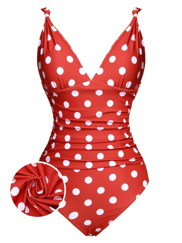 Red 1930s Polka Dot V-Neck Swimsuit Cashmere