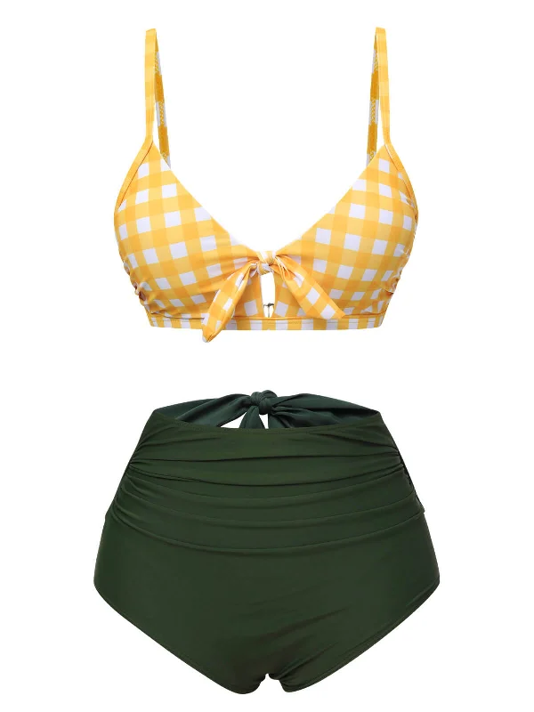 Yellow & Green 1950s Plaid Bow Bikini Set Relaxed Women's Beachy