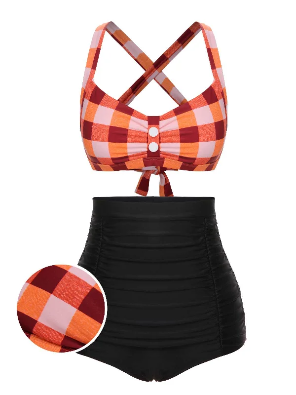 1950s Double Strap Buttoned Plaids Swimsuit Sharp Women's Italian