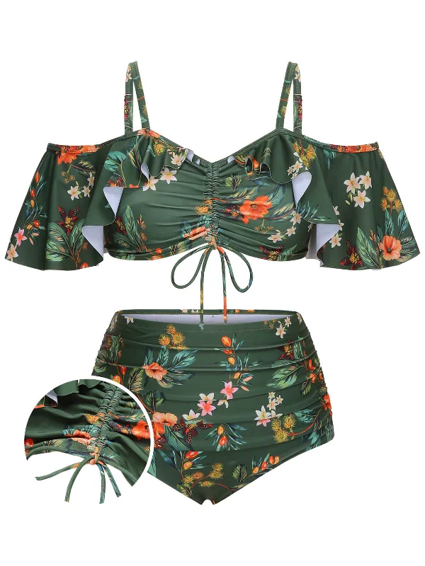 [Plus Size] Green 1950s Floral Drawstring Swimsuit Set Streetwear Style for 